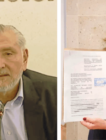 Composición fotográfica con el senador Adán Augusto López Hernández durante una comparecencia y la exdiputada María Elena Pérez-Jaén mostrando la denuncia presentada en su contra ante la Contraloría Interna del Senado.