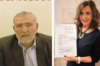 Composición fotográfica con el senador Adán Augusto López Hernández durante una comparecencia y la exdiputada María Elena Pérez-Jaén mostrando la denuncia presentada en su contra ante la Contraloría Interna del Senado.