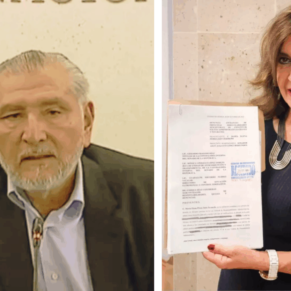 Composición fotográfica con el senador Adán Augusto López Hernández durante una comparecencia y la exdiputada María Elena Pérez-Jaén mostrando la denuncia presentada en su contra ante la Contraloría Interna del Senado.