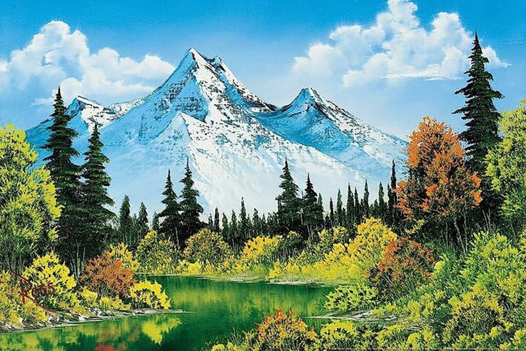 Bob Ross pintando un paisaje con "árboles felices" durante su programa, antes de la subasta de sus cuadros originales.
