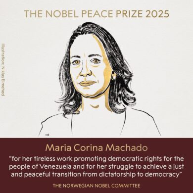 María Corina Machado Premio Nobel de la Paz 2025 por su lucha por los derechos democráticos.