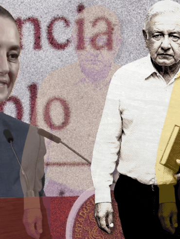 Composición gráfica que muestra a Claudia Sheinbaum en conferencia y a López Obrador con un libro en mano.
