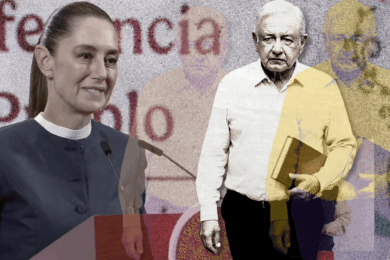 Composición gráfica que muestra a Claudia Sheinbaum en conferencia y a López Obrador con un libro en mano.