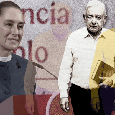 Composición gráfica que muestra a Claudia Sheinbaum en conferencia y a López Obrador con un libro en mano.