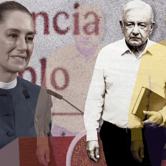 Composición gráfica que muestra a Claudia Sheinbaum en conferencia y a López Obrador con un libro en mano.