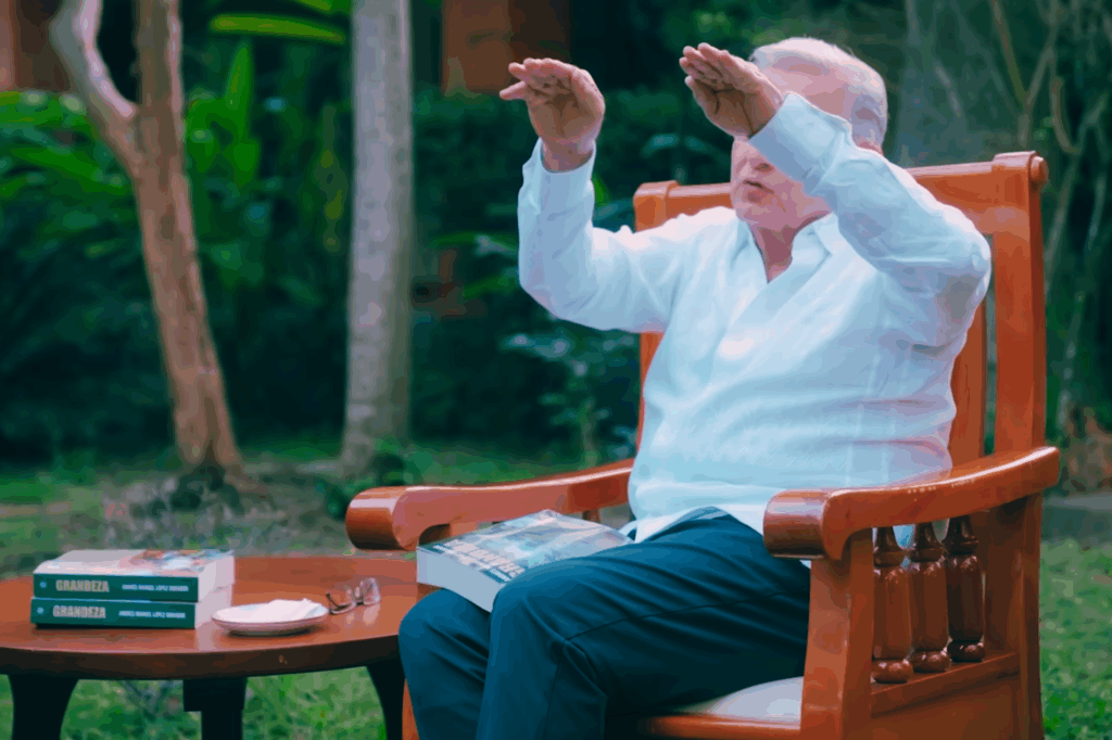 Andrés Manuel López Obrador sentado en un sillón de madera en su jardín en Palenque, levantando las manos mientras explica un punto durante un mensaje grabado.