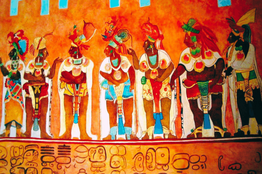 Mural de Bonampak que muestra a nobles mayas en ceremonia ritual, con vestimentas ceremoniales y glifos jeroglíficos.