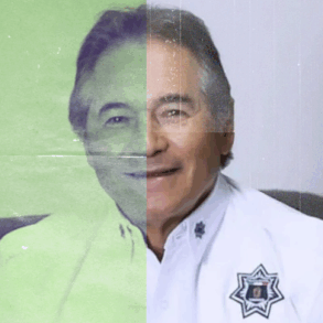 Composición dividida del rostro de Hernán Bermúdez Requena, mostrando su doble faceta pública y criminal en Tabasco.