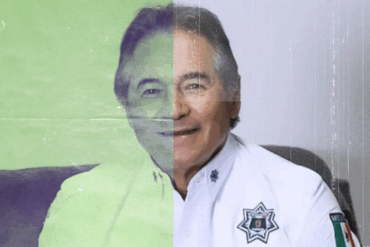 Composición dividida del rostro de Hernán Bermúdez Requena, mostrando su doble faceta pública y criminal en Tabasco.