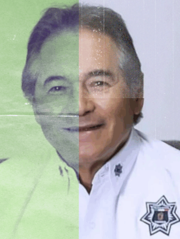 Composición dividida del rostro de Hernán Bermúdez Requena, mostrando su doble faceta pública y criminal en Tabasco.