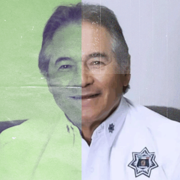 Composición dividida del rostro de Hernán Bermúdez Requena, mostrando su doble faceta pública y criminal en Tabasco.