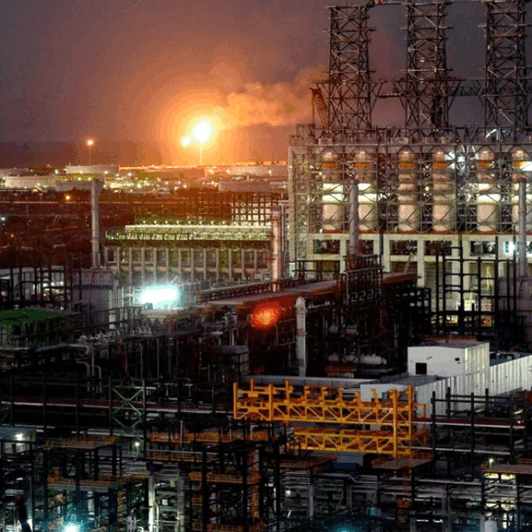 Vista aérea de la refinería de Dos Bocas al amanecer, con instalaciones industriales iluminadas.