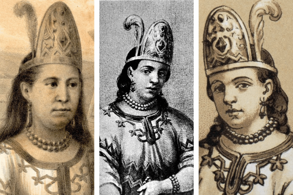 Tres retratos históricos de Malintzin, vestida con penacho y joyería, representada con dignidad.