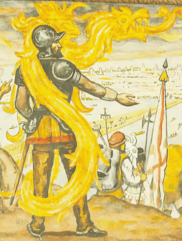 Escena pictórica de Malintzin traduciendo entre Hernán Cortés y señores indígenas frente a Tenochtitlan.