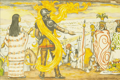 Escena pictórica de Malintzin traduciendo entre Hernán Cortés y señores indígenas frente a Tenochtitlan.