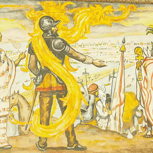 Escena pictórica de Malintzin traduciendo entre Hernán Cortés y señores indígenas frente a Tenochtitlan.