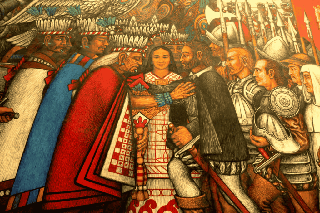 Escena pictórica de Malintzin traduciendo entre Hernán Cortés y señores indígenas frente a Tenochtitlan.