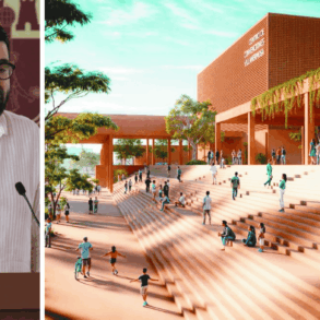 Render del nuevo Centro de Convenciones de Villahermosa y Daniel Casasús presentando el proyecto.