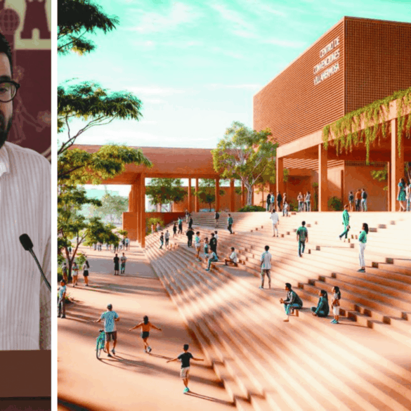 Render del nuevo Centro de Convenciones de Villahermosa y Daniel Casasús presentando el proyecto.