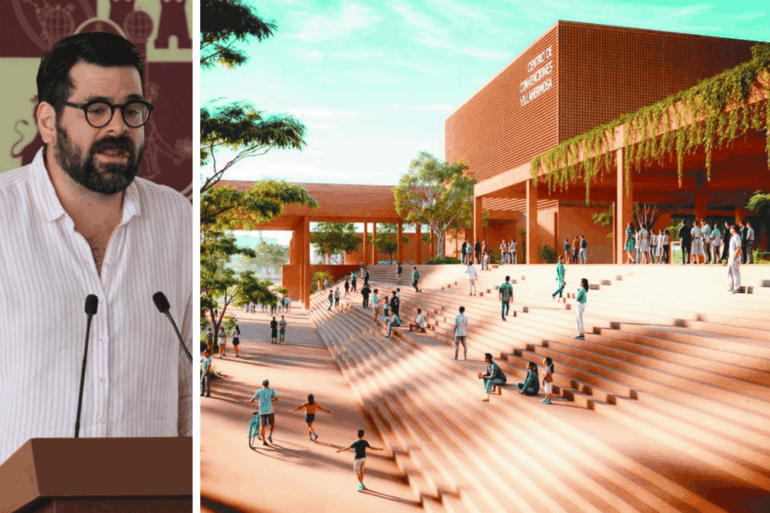 Render del nuevo Centro de Convenciones de Villahermosa y Daniel Casasús presentando el proyecto.