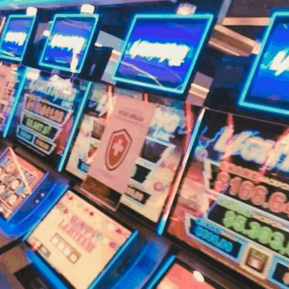 Máquinas tragamonedas encendidas en un casino clausurado durante el operativo financiero federal.