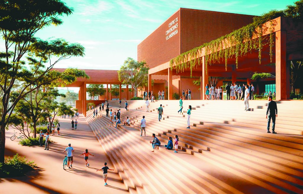 Render arquitectónico del nuevo Centro de Convenciones con diseño moderno y grandes salones.