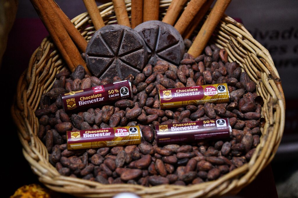 Barras de Chocolate Bienestar entre granos de cacao tabasqueño en canasta artesanal.