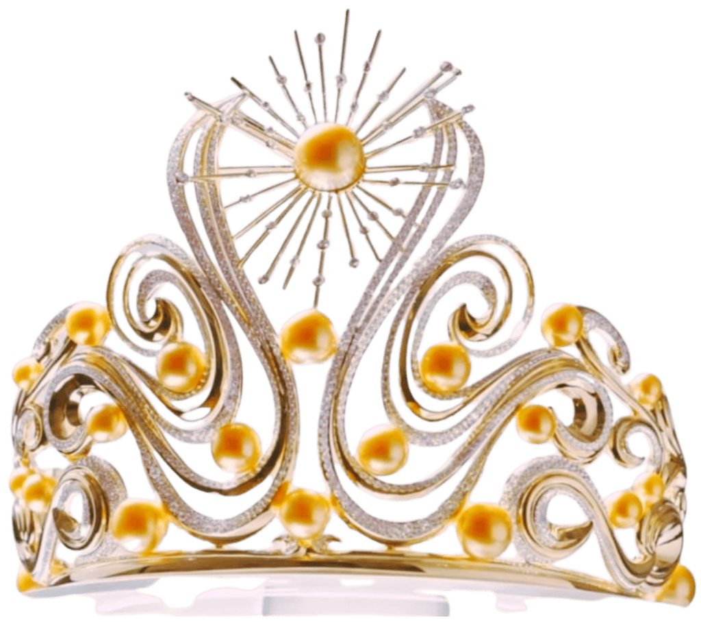 Corona dorada y plateada de Miss Universe, adornada con perlas y motivos solares en filigrana.