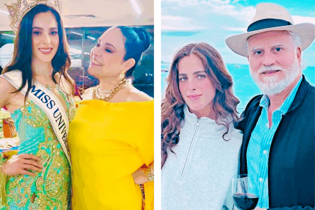 Composición de dos fotos: Fátima Bosch con su tía durante la coronación y, a la derecha, posando con su padre frente al mar.