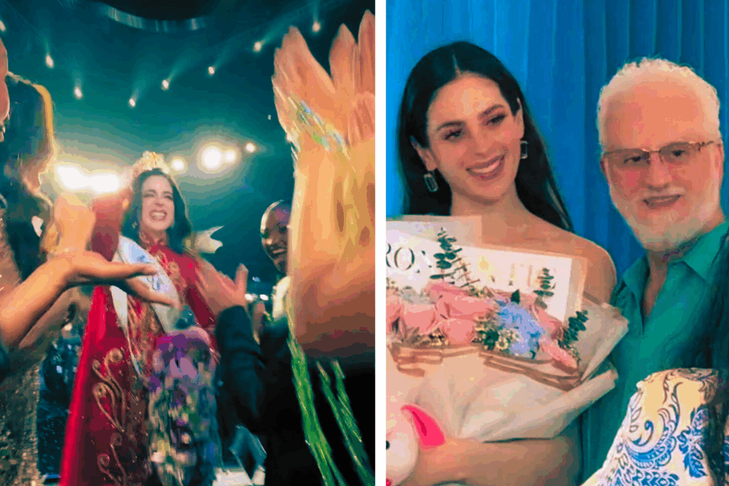 Composición de dos fotos: Fátima Bosch celebrando entre aplausos con otras participantes durante la coronación en Tailandia, y a la derecha posando con su padre mientras sostiene flores.