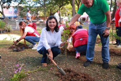 Yolanda Osuna siembra plantas ornamentales junto a ex embajadoras en el parque Amanecer.