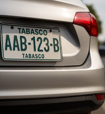 Automóvil en carretera con placa de Tabasco mostrando el costo del reemplacamiento 2026 ($1,697).