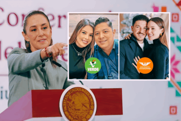 Funcionaria federal durante conferencia mientras se muestran imágenes de parejas vinculadas a partidos políticos en debate por paridad y nepotismo electoral