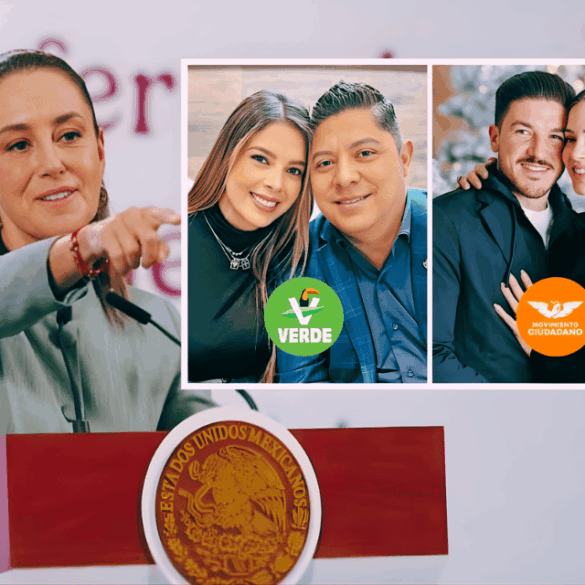 Funcionaria federal durante conferencia mientras se muestran imágenes de parejas vinculadas a partidos políticos en debate por paridad y nepotismo electoral