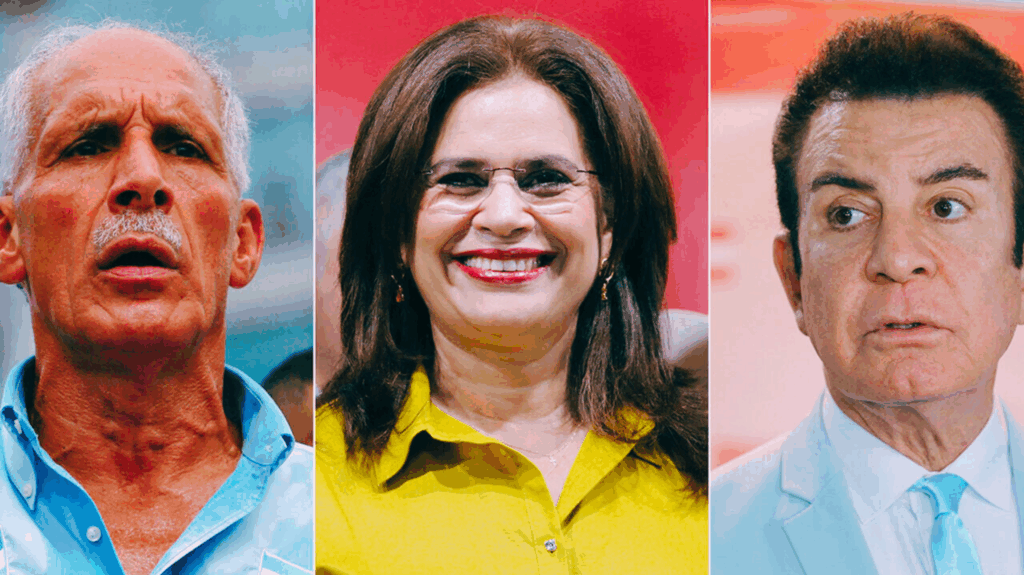 Tres candidatos presidenciales hondureños posan por separado durante la campaña, reflejando la contienda cerrada y polarizada del país.