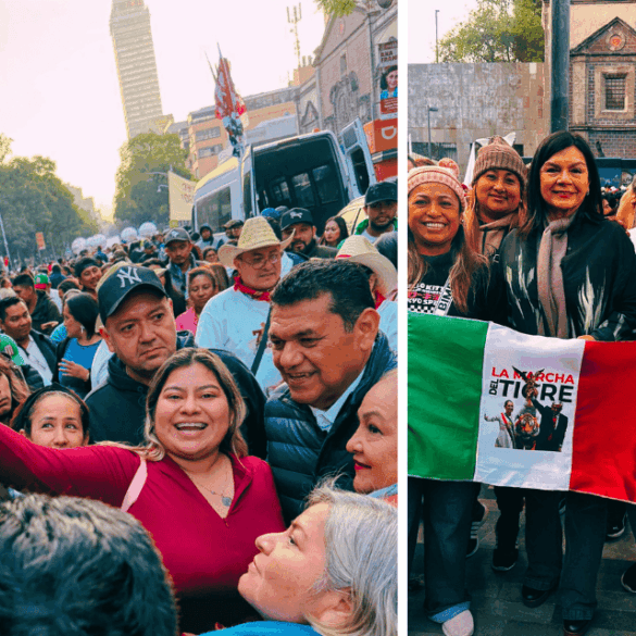 Personas rodean al gobernador Javier May mientras se toman selfies en una calle repleta rumbo al Zócalo; en una segunda imagen, la alcaldesa Yolanda Osuna posa con mujeres que sostienen una bandera tricolor durante la movilización por los siete años de la Cuarta Transformación.