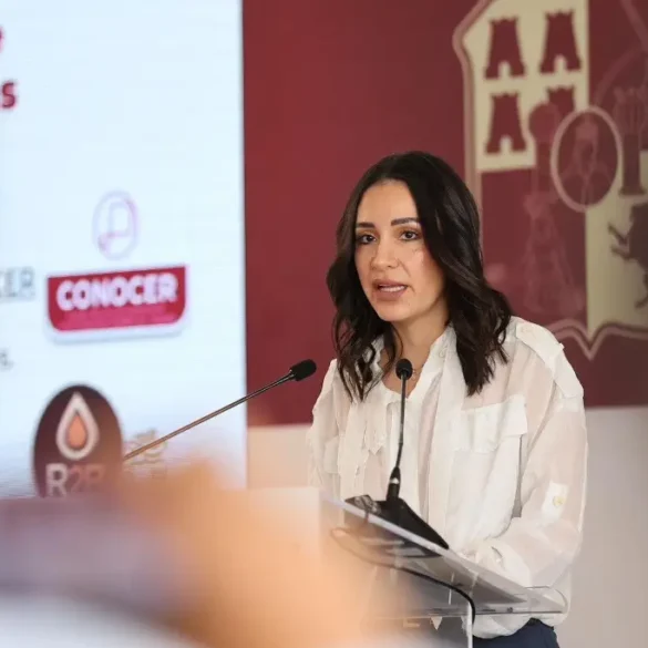 Talina Ferrer Cadenas, subsecretaria de Desarrollo Económico de Tabasco, ofrece un mensaje oficial frente a un podio durante un evento institucional.