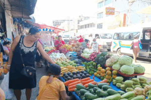 Puestos ambulantes de frutas y verduras instalados sobre la vía pública en los alrededores del mercado Pino Suárez, donde comerciantes atienden a compradores en un pasillo reducido entre mercancía y tráfico urbano.