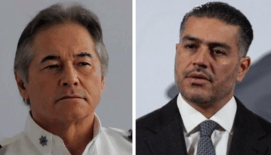 Retratos de Hernán Bermúdez Requena, exsecretario de Seguridad de Tabasco, y de Omar García Harfuch, titular de Seguridad federal, colocados en formato de imagen dividida para contraste visual.