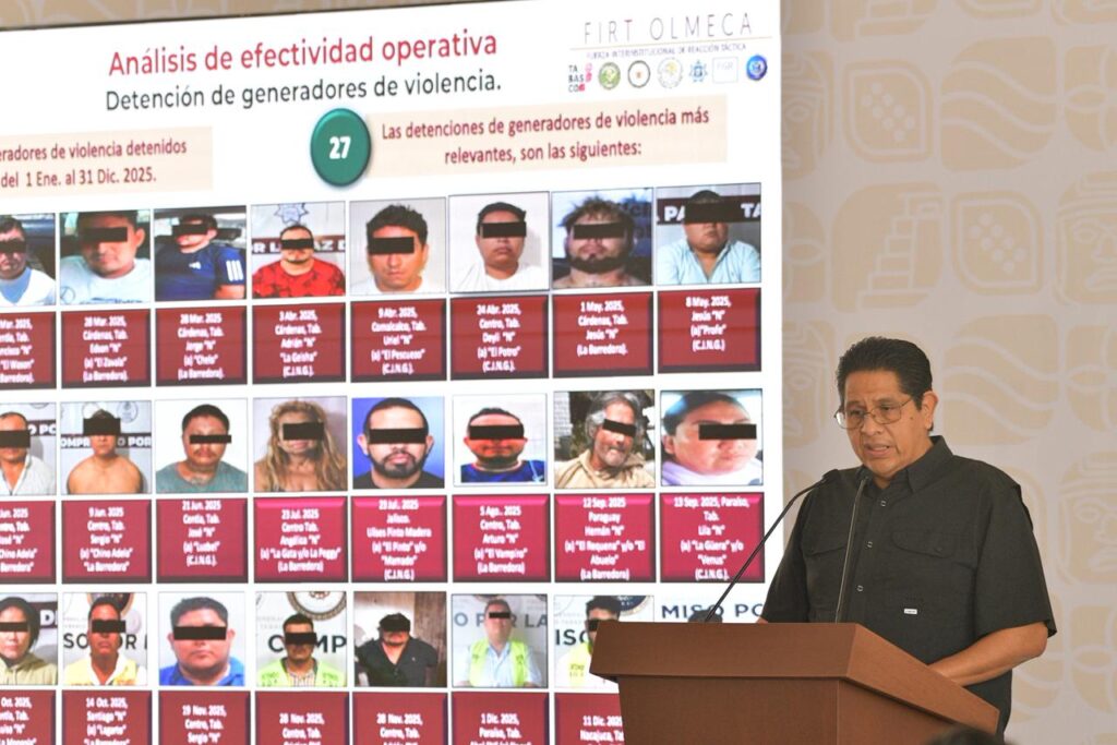 El comisionado de Seguridad presenta el balance 2025 con el registro visual de 105 generadores de violencia detenidos en Tabasco.