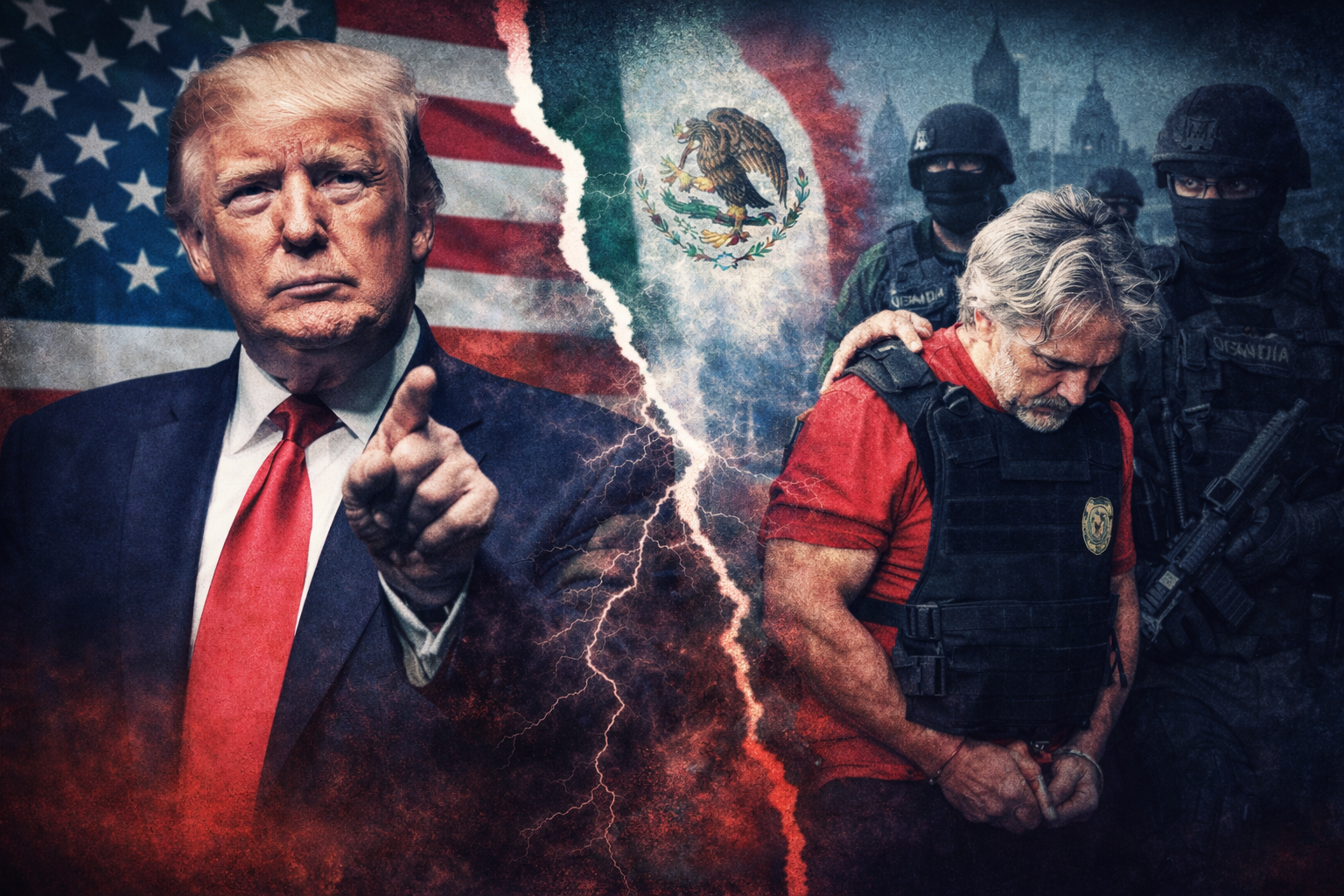 Ilustración editorial que muestra a Donald Trump señalando al frente con gesto firme, mientras Hernán Bermúdez Requena aparece escoltado por agentes armados; al centro, una grieta separa las banderas de Estados Unidos y México, simbolizando tensión política y judicial.