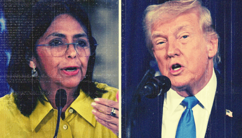 Composición fotográfica de Delcy Rodríguez y Donald Trump en contraste, simbolizando la tensión política y las versiones sobre contactos previos entre Caracas y Washington.