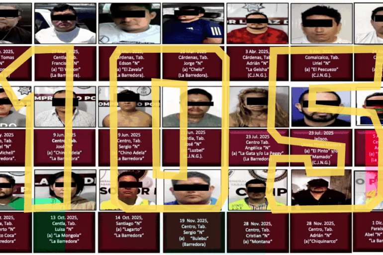 Registro visual de personas detenidas en 2025 por su presunta participación en delitos de alto impacto en Tabasco, como parte del balance de seguridad estatal.