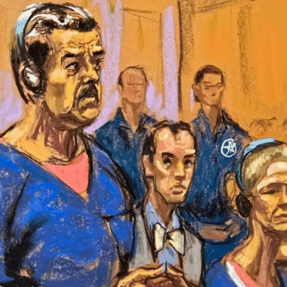 Ilustración judicial de Nicolás Maduro junto a su abogado durante audiencia en Nueva York.