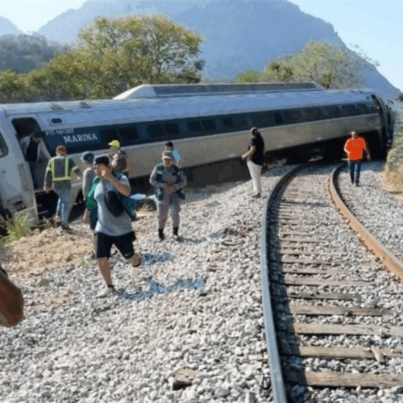 Curva ferroviaria con vagón inclinado del Tren Interoceánico y pasajeros evacuando la vía.