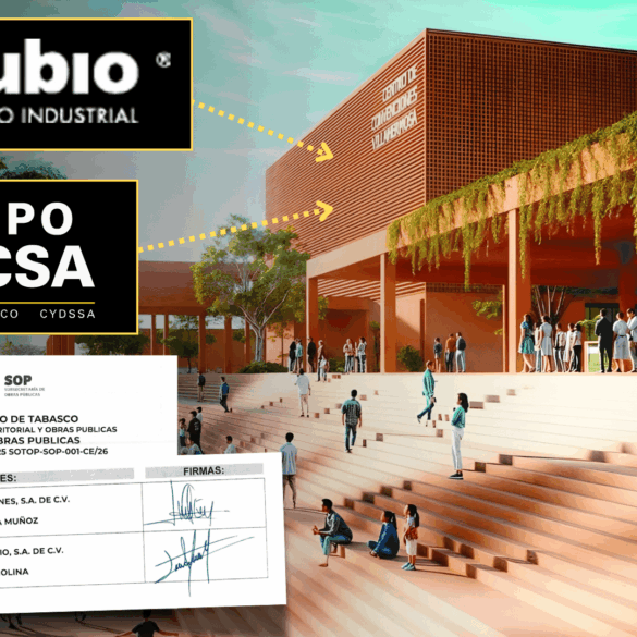 Montaje del proyecto del Centro de Convenciones de Villahermosa con logotipos de Grupo Industrial Rubio y Calzada Construcciones, junto a extracto de acta oficial de la SOTOP que acredita a ambas empresas como finalistas de la licitación.