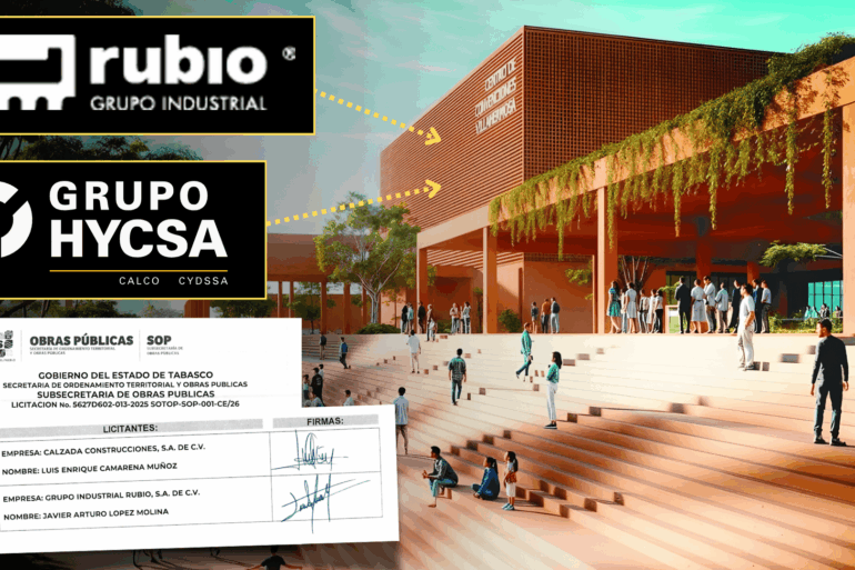 Montaje del proyecto del Centro de Convenciones de Villahermosa con logotipos de Grupo Industrial Rubio y Calzada Construcciones, junto a extracto de acta oficial de la SOTOP que acredita a ambas empresas como finalistas de la licitación.