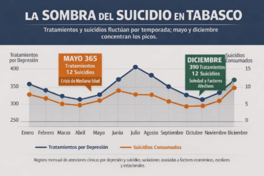 Gráfico comparativo de suicidios y depresión en Tabasco por meses, cierre de 2025.