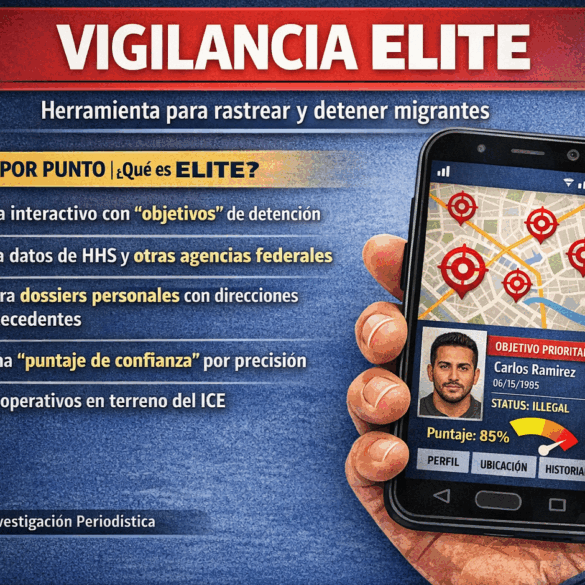 Infografía muestra un teléfono móvil con mapa interactivo y objetivos marcados que ilustran cómo la plataforma ELITE del ICE cruza datos federales, genera perfiles personales y guía redadas migratorias en Estados Unidos.