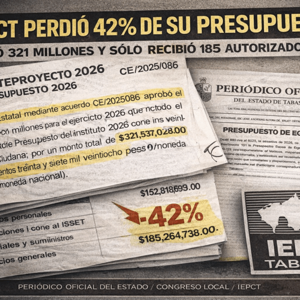 Documentos oficiales apilados muestran el anteproyecto de 321 millones del IEPCT frente al presupuesto aprobado de 185 millones, con un recorte de 42 por ciento destacado y el logotipo del órgano electoral de Tabasco.